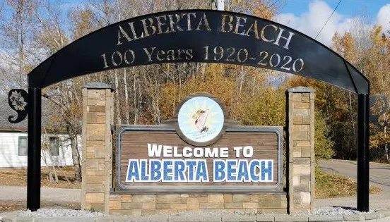 The Alberta Beach welcome sign, marking the village's 100 years, 1920 to 2020